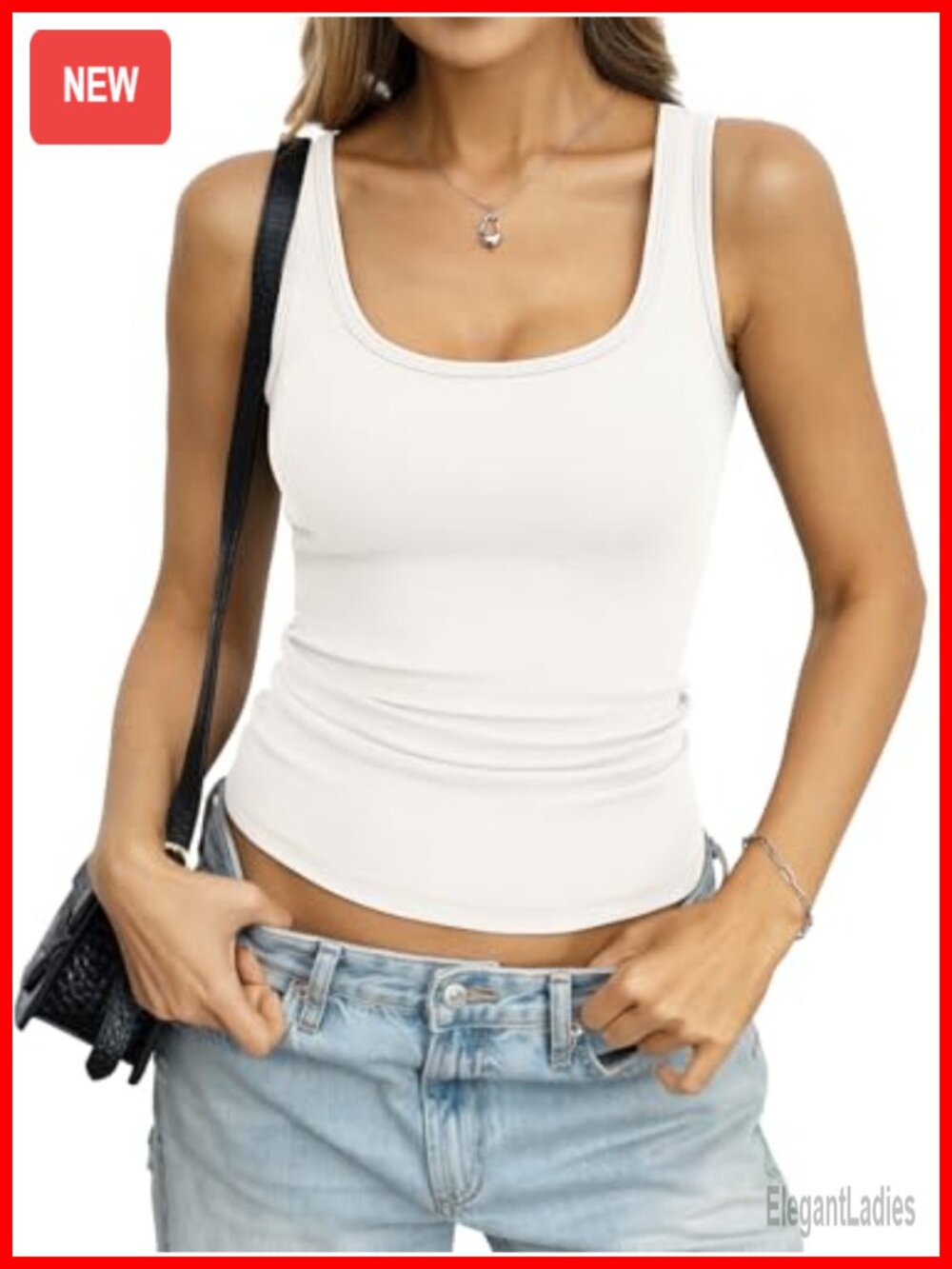 Cotton Ribbed Tank Top Low Scoop Neck Sleeveless Fitted Basic Cami